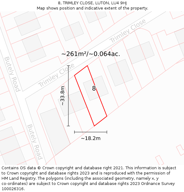 8, TRIMLEY CLOSE, LUTON, LU4 9HJ: Plot and title map