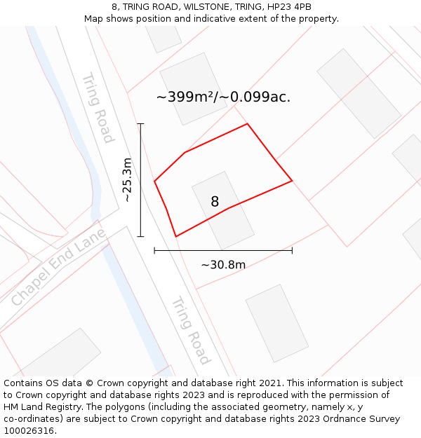 8, TRING ROAD, WILSTONE, TRING, HP23 4PB: Plot and title map