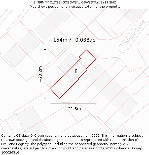 8, TRINITY CLOSE, GOBOWEN, OSWESTRY, SY11 3NZ: Plot and title map