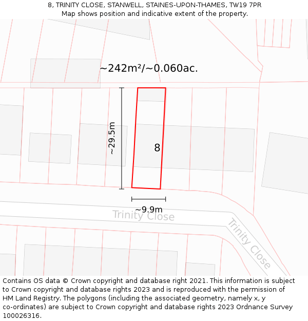 8, TRINITY CLOSE, STANWELL, STAINES-UPON-THAMES, TW19 7PR: Plot and title map