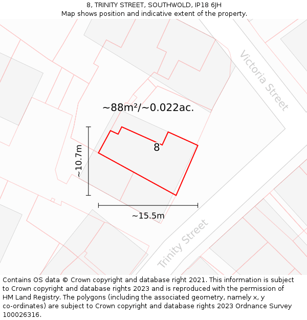 8, TRINITY STREET, SOUTHWOLD, IP18 6JH: Plot and title map
