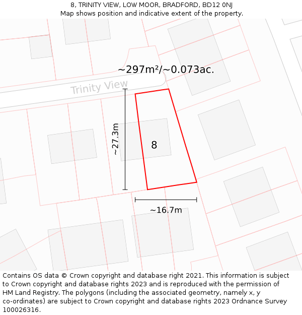 8, TRINITY VIEW, LOW MOOR, BRADFORD, BD12 0NJ: Plot and title map