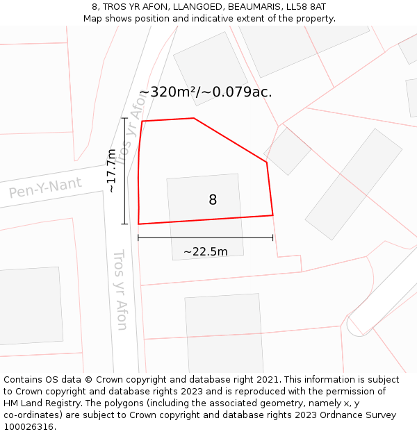 8, TROS YR AFON, LLANGOED, BEAUMARIS, LL58 8AT: Plot and title map