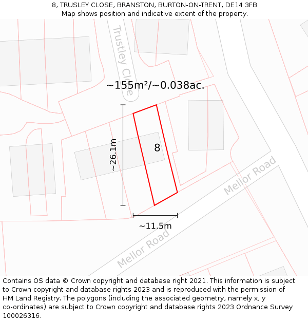 8, TRUSLEY CLOSE, BRANSTON, BURTON-ON-TRENT, DE14 3FB: Plot and title map