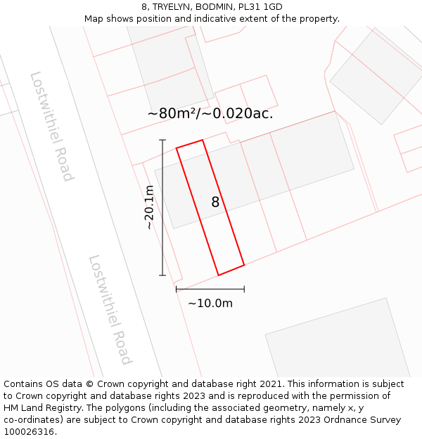 8, TRYELYN, BODMIN, PL31 1GD: Plot and title map