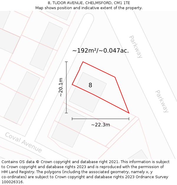 8, TUDOR AVENUE, CHELMSFORD, CM1 1TE: Plot and title map