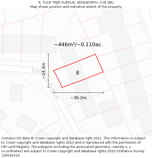 8, TULIP TREE AVENUE, KENILWORTH, CV8 2BU: Plot and title map