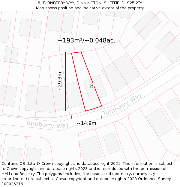8, TURNBERRY WAY, DINNINGTON, SHEFFIELD, S25 2TA: Plot and title map