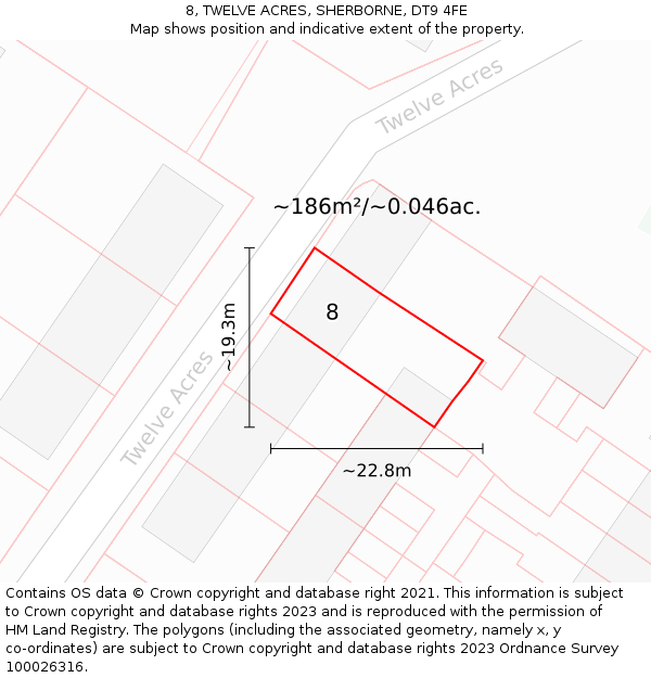 8, TWELVE ACRES, SHERBORNE, DT9 4FE: Plot and title map