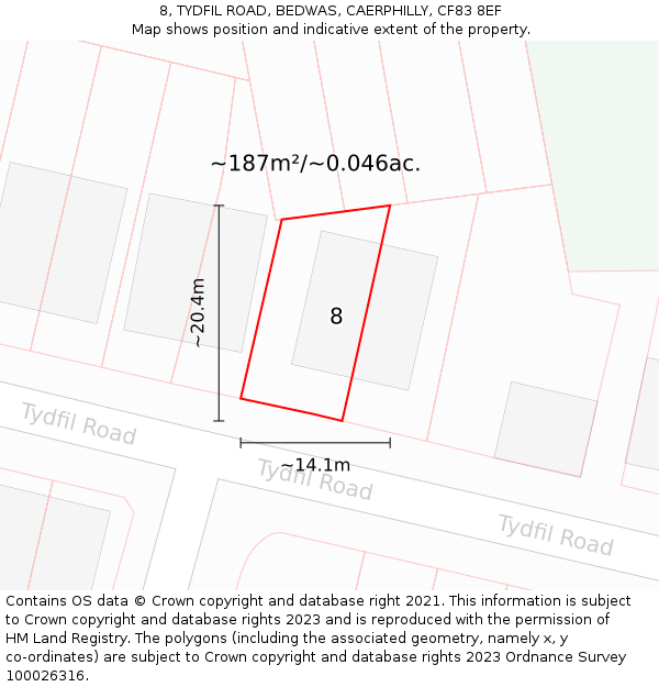 8, TYDFIL ROAD, BEDWAS, CAERPHILLY, CF83 8EF: Plot and title map