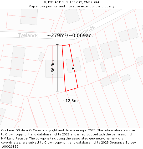 8, TYELANDS, BILLERICAY, CM12 9PA: Plot and title map