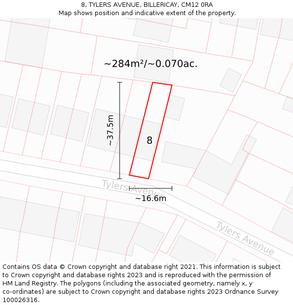 8, TYLERS AVENUE, BILLERICAY, CM12 0RA: Plot and title map