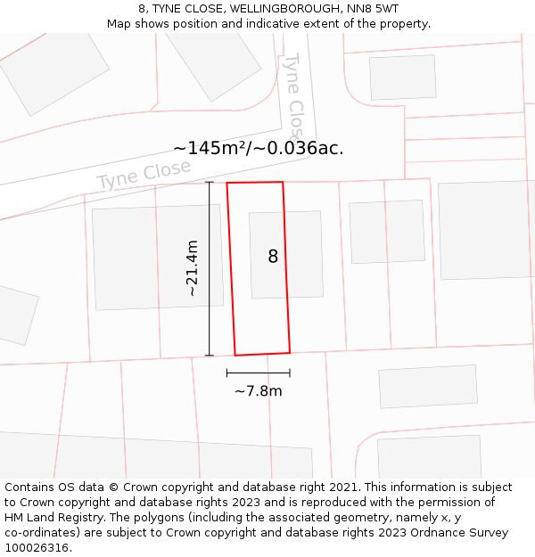 8, TYNE CLOSE, WELLINGBOROUGH, NN8 5WT: Plot and title map