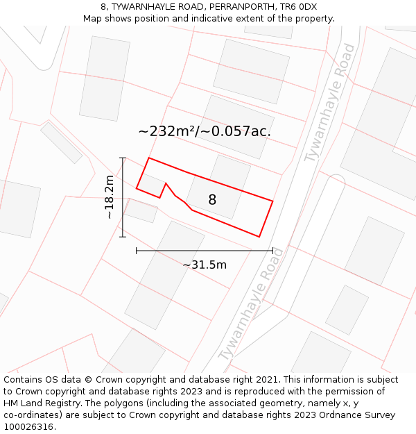8, TYWARNHAYLE ROAD, PERRANPORTH, TR6 0DX: Plot and title map