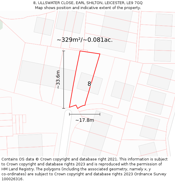 8, ULLSWATER CLOSE, EARL SHILTON, LEICESTER, LE9 7GQ: Plot and title map