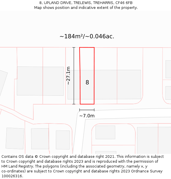 8, UPLAND DRIVE, TRELEWIS, TREHARRIS, CF46 6FB: Plot and title map