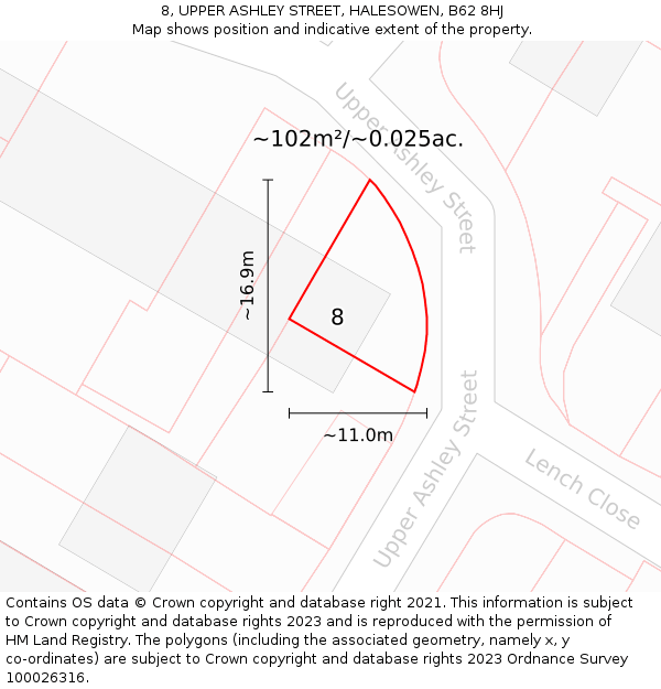 8, UPPER ASHLEY STREET, HALESOWEN, B62 8HJ: Plot and title map