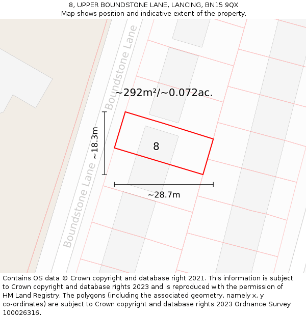 8, UPPER BOUNDSTONE LANE, LANCING, BN15 9QX: Plot and title map