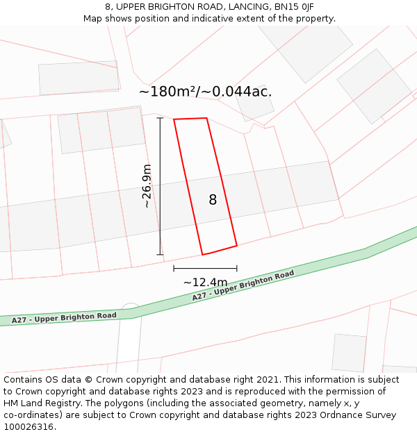 8, UPPER BRIGHTON ROAD, LANCING, BN15 0JF: Plot and title map