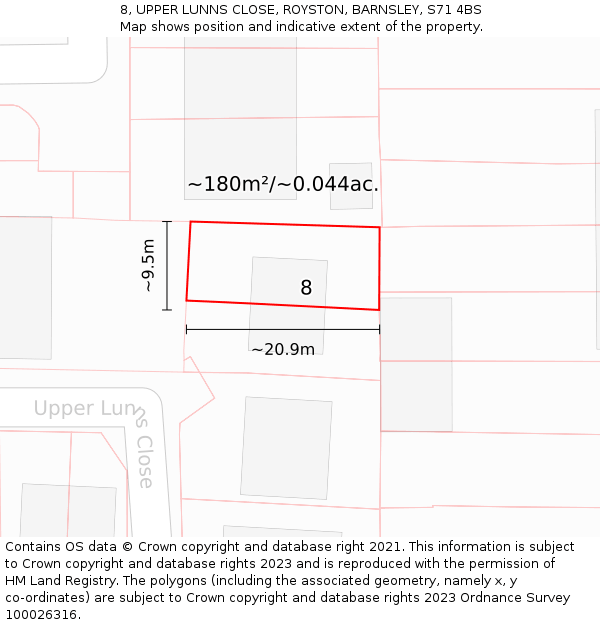 8, UPPER LUNNS CLOSE, ROYSTON, BARNSLEY, S71 4BS: Plot and title map