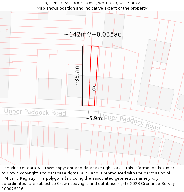 8, UPPER PADDOCK ROAD, WATFORD, WD19 4DZ: Plot and title map