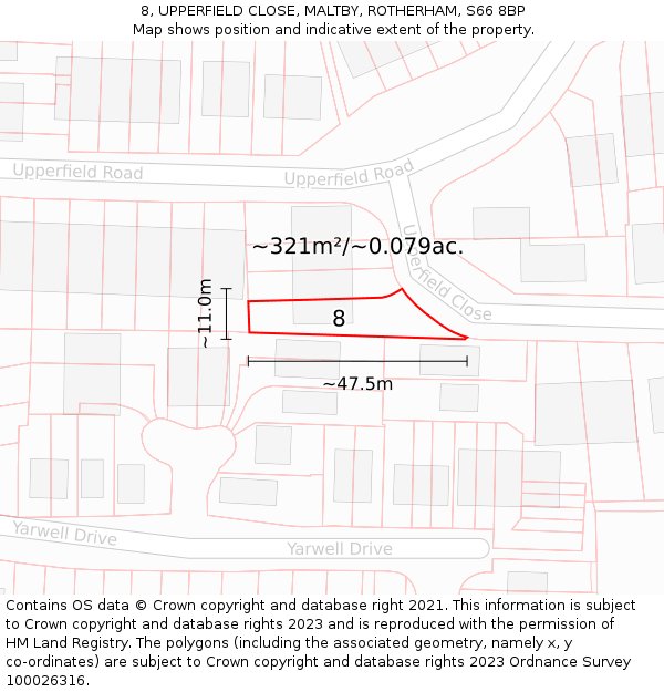 8, UPPERFIELD CLOSE, MALTBY, ROTHERHAM, S66 8BP: Plot and title map