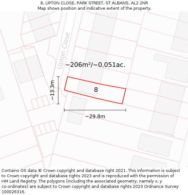 8, UPTON CLOSE, PARK STREET, ST ALBANS, AL2 2NR: Plot and title map