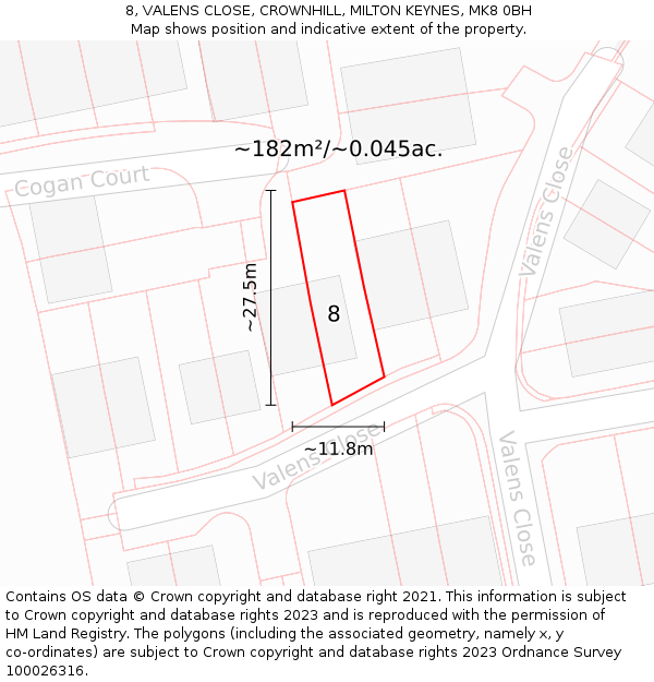 8, VALENS CLOSE, CROWNHILL, MILTON KEYNES, MK8 0BH: Plot and title map