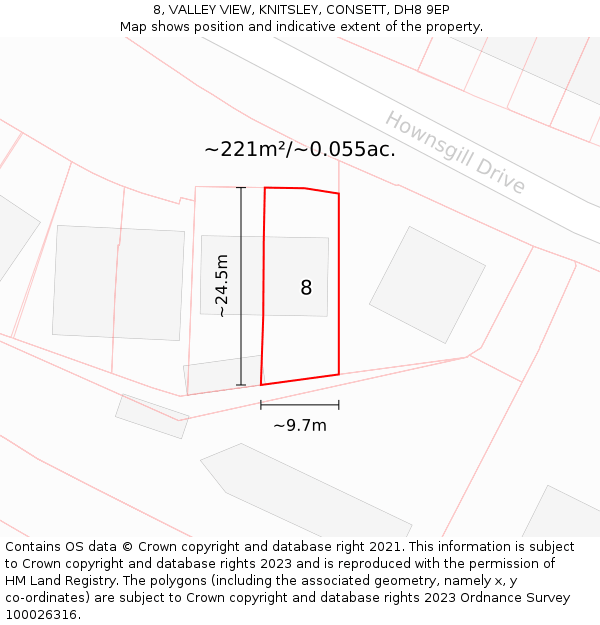 8, VALLEY VIEW, KNITSLEY, CONSETT, DH8 9EP: Plot and title map