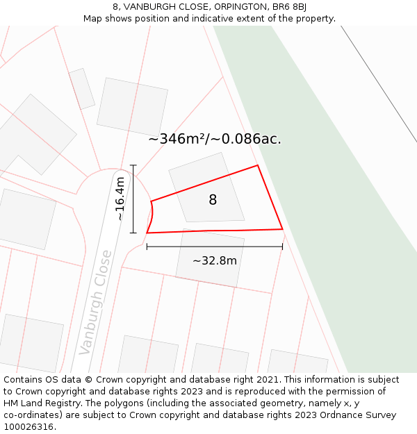 8, VANBURGH CLOSE, ORPINGTON, BR6 8BJ: Plot and title map