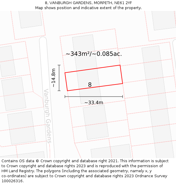 8, VANBURGH GARDENS, MORPETH, NE61 2YF: Plot and title map