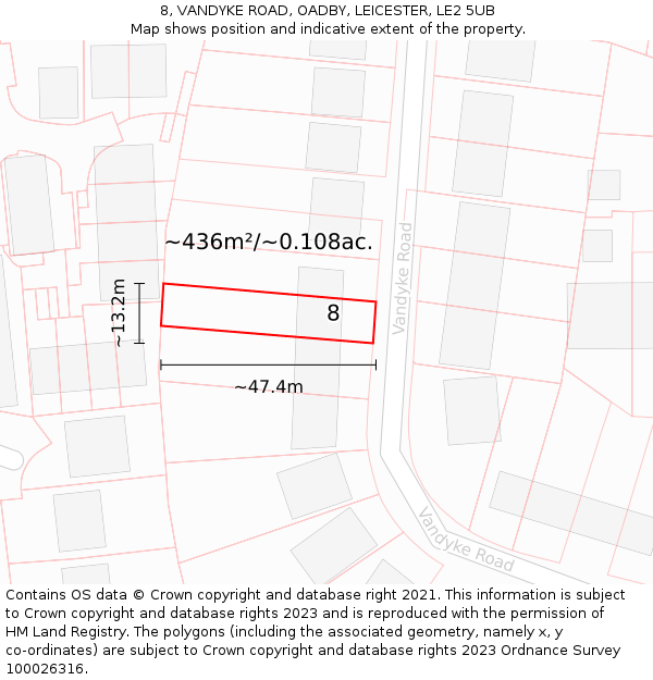 8, VANDYKE ROAD, OADBY, LEICESTER, LE2 5UB: Plot and title map
