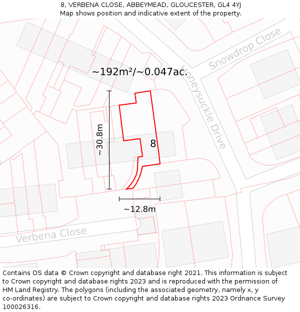 8, VERBENA CLOSE, ABBEYMEAD, GLOUCESTER, GL4 4YJ: Plot and title map
