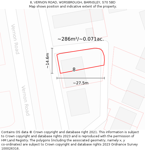 8, VERNON ROAD, WORSBROUGH, BARNSLEY, S70 5BD: Plot and title map