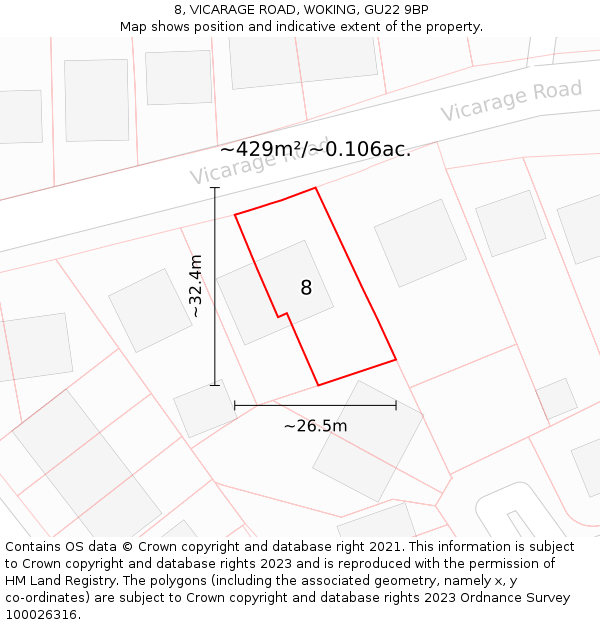 8, VICARAGE ROAD, WOKING, GU22 9BP: Plot and title map