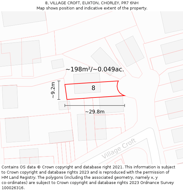 8, VILLAGE CROFT, EUXTON, CHORLEY, PR7 6NH: Plot and title map