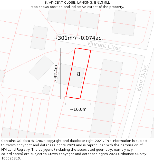 8, VINCENT CLOSE, LANCING, BN15 9LL: Plot and title map