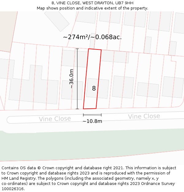 8, VINE CLOSE, WEST DRAYTON, UB7 9HH: Plot and title map
