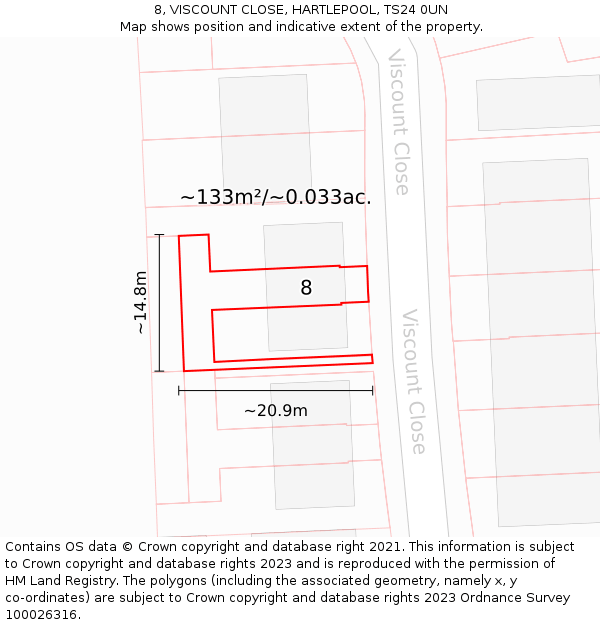 8, VISCOUNT CLOSE, HARTLEPOOL, TS24 0UN: Plot and title map