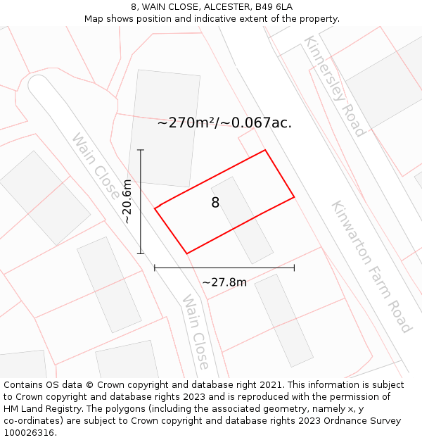 8, WAIN CLOSE, ALCESTER, B49 6LA: Plot and title map