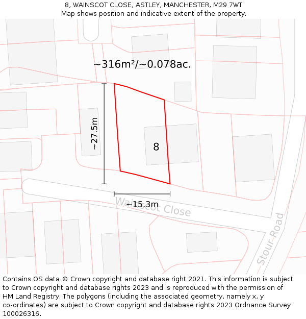8, WAINSCOT CLOSE, ASTLEY, MANCHESTER, M29 7WT: Plot and title map