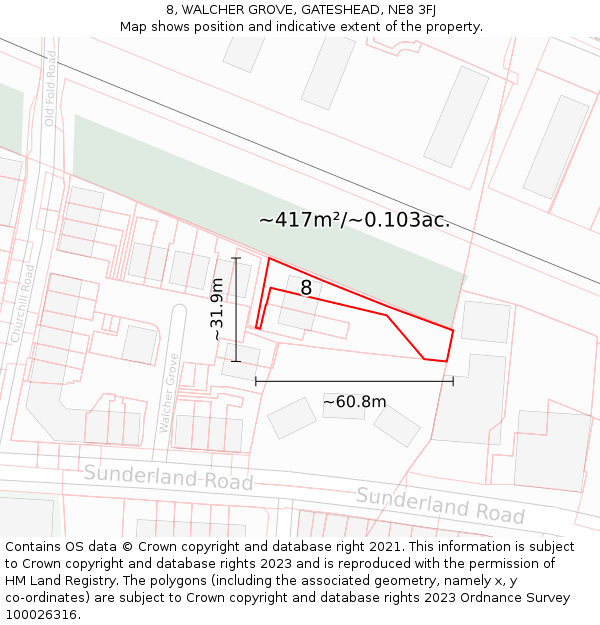 8, WALCHER GROVE, GATESHEAD, NE8 3FJ: Plot and title map