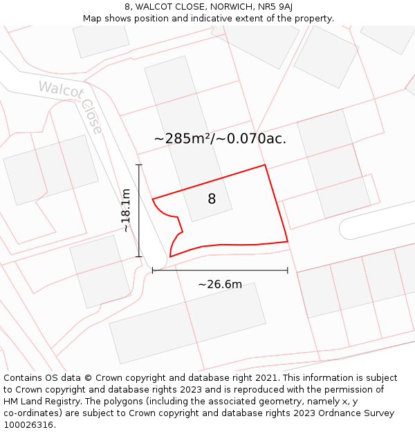 8, WALCOT CLOSE, NORWICH, NR5 9AJ: Plot and title map