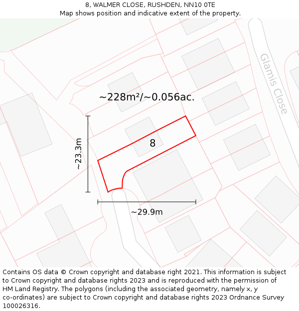 8, WALMER CLOSE, RUSHDEN, NN10 0TE: Plot and title map