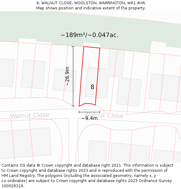8, WALNUT CLOSE, WOOLSTON, WARRINGTON, WA1 4HA: Plot and title map