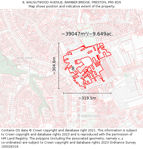 8, WALNUTWOOD AVENUE, BAMBER BRIDGE, PRESTON, PR5 6DS: Plot and title map