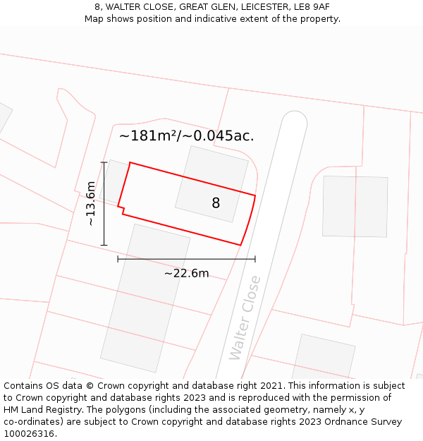 8, WALTER CLOSE, GREAT GLEN, LEICESTER, LE8 9AF: Plot and title map