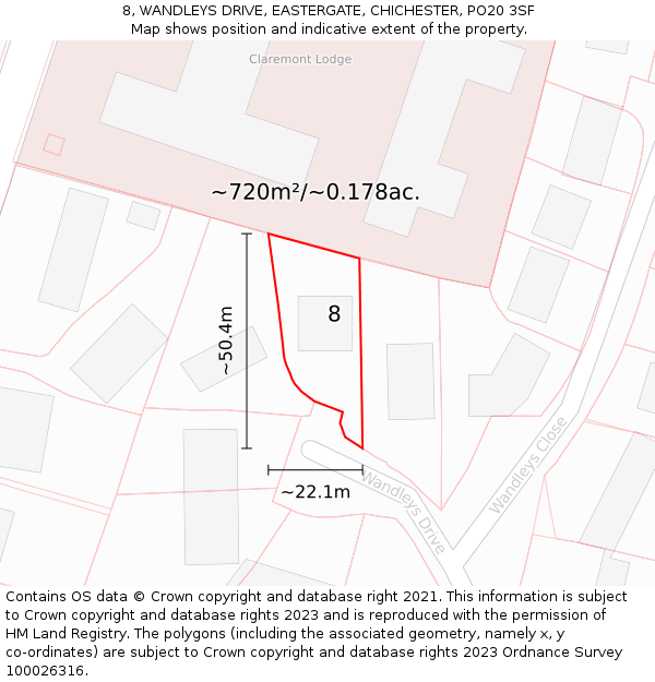 8, WANDLEYS DRIVE, EASTERGATE, CHICHESTER, PO20 3SF: Plot and title map