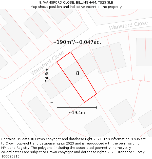 8, WANSFORD CLOSE, BILLINGHAM, TS23 3LB: Plot and title map