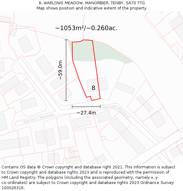 8, WARLOWS MEADOW, MANORBIER, TENBY, SA70 7TG: Plot and title map